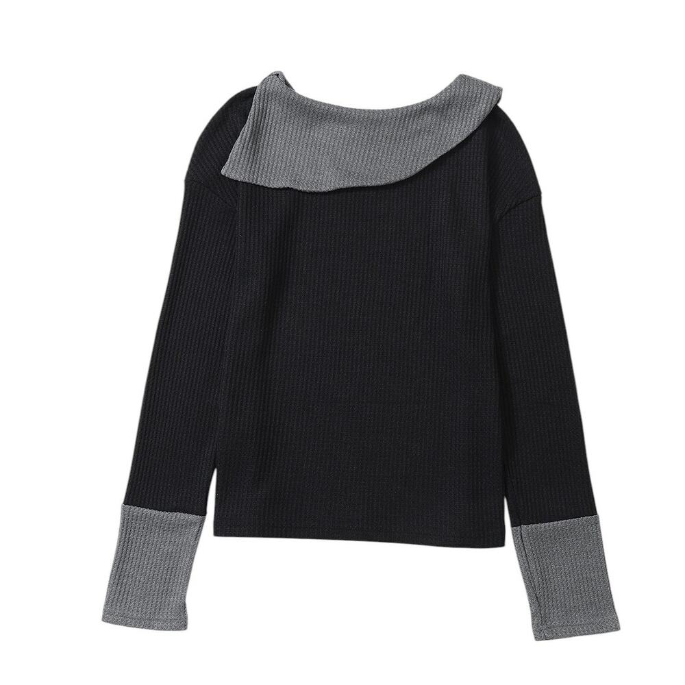 Black Waffle Knit Patchwork Color Block Asymmetrical Neck Top New Size Small - Picture 8 of 10